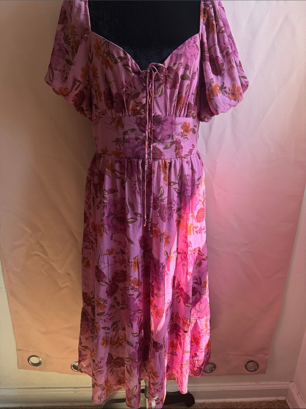 City Studio Pink Floral Puff-Sleeve Midi Dress